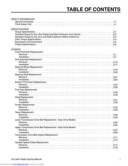 Toro LX420 LX425 LX500 Lawn Tractor Service Manual table of contents