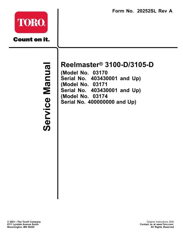 Toro Reelmaster 3100 3105 D Mower Service Manual factory service manual title page