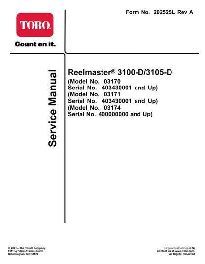 Toro Reelmaster 3100 3105 D Mower Service Manual factory service manual title page