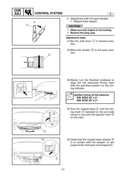 Yamaha 25BMH 30HMH Outboard Service Manual sample page with diagrams and specifications