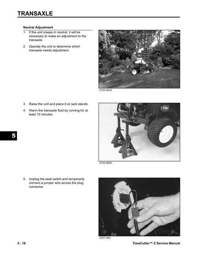 Toro TimeCutter Z16 Z17 Z18 ZX17K Mower Service Manual sample page with service data and tables