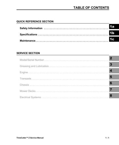Toro TimeCutter Z16 Z17 Z18 ZX17K Mower Service Manual sample page from service manual