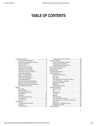 Arctic Cat Sno Pro 120 Snowmobile Service Manual table of contents