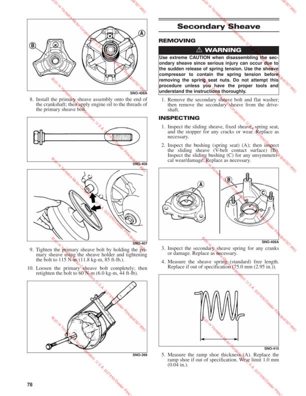 Yamaha SR Viper Snowmobile Service Manual sample page with service data and tables