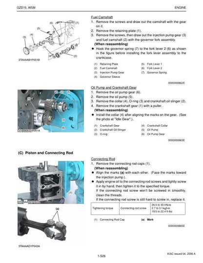 Kubota GZD 15 Mower Service Manual sample page with service data and tables
