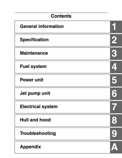 Yamaha Waverunner GP1800R Service Manual table of contents