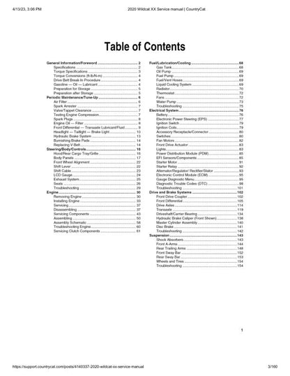 Arctic Cat Wildcat XX UTV Service Manual table of contents