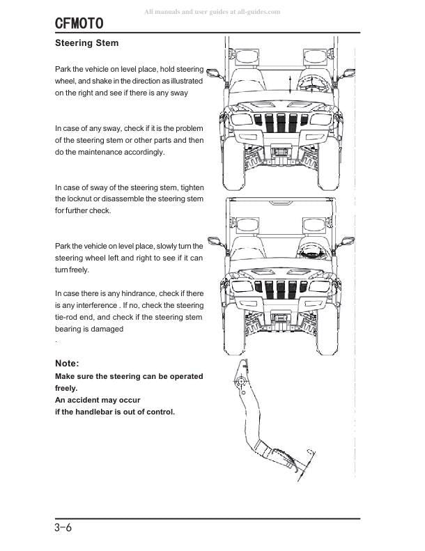 CFMOTO CF500-3 UTV Service Manual sample page with diagrams and specifications