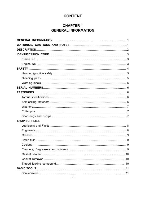 HiSun HS700 UTV4 Service Manual table of contents