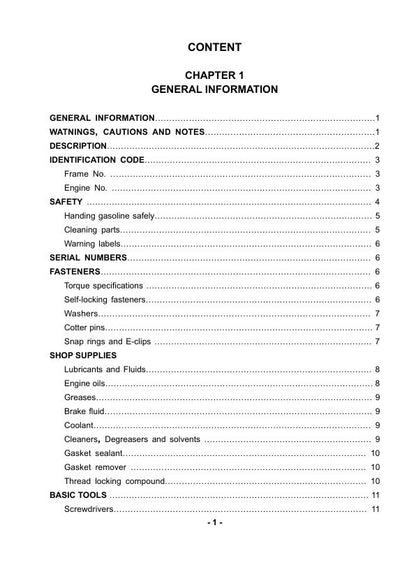 HiSun HS700 UTV4 Service Manual table of contents