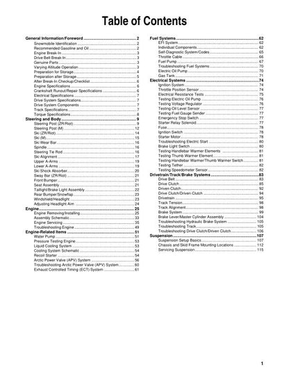 Arctic Cat Riot ZR M 858 Snowmobile Service Manual table of contents