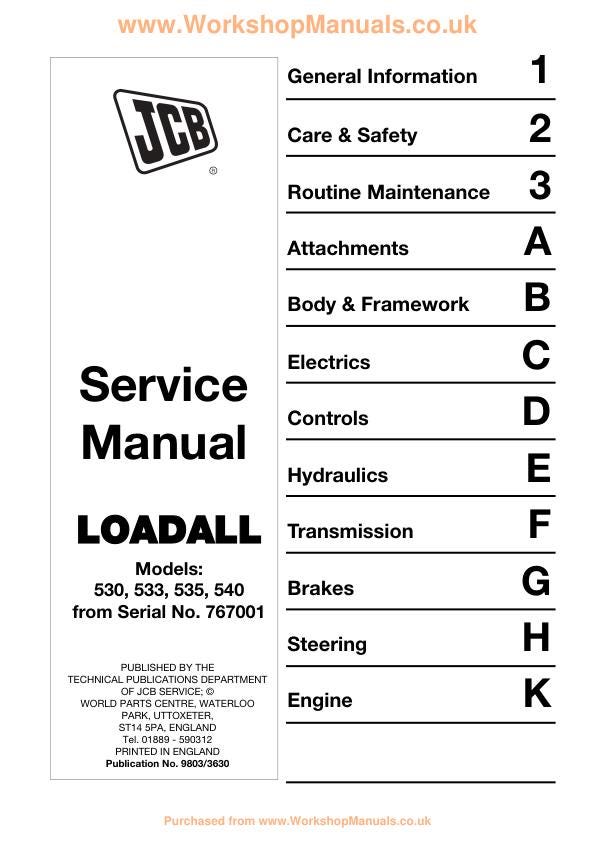 JCB 426 525 550 540 570 1CX 2CX 3CX 4CX 801-806 Loader Service Manual sample page with service data and tables