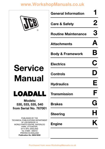 JCB 426 525 550 540 570 1CX 2CX 3CX 4CX 801-806 Loader Service Manual sample page with service data and tables