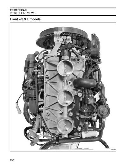 Evinrude ETEC 200 225 250 300 Outboard Service Manual sample page with diagrams and specifications