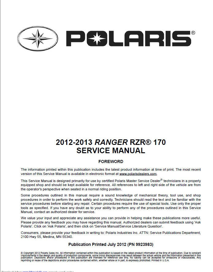 Polaris RZR 170 UTV Service Manual factory service manual title page