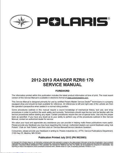 Polaris RZR 170 UTV Service Manual factory service manual title page
