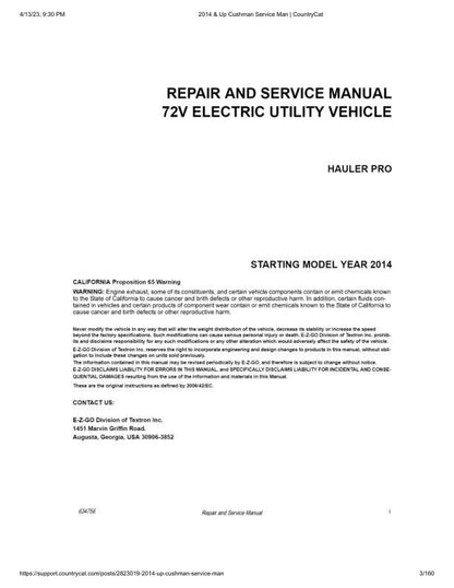 Cushman Hauler Pro 72V Golf Cart Service Manual factory service manual title page