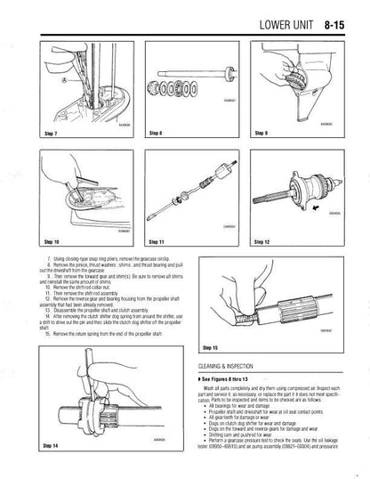 Suzuki 2-225 HP Outboard Service Manual sample page with service data and tables