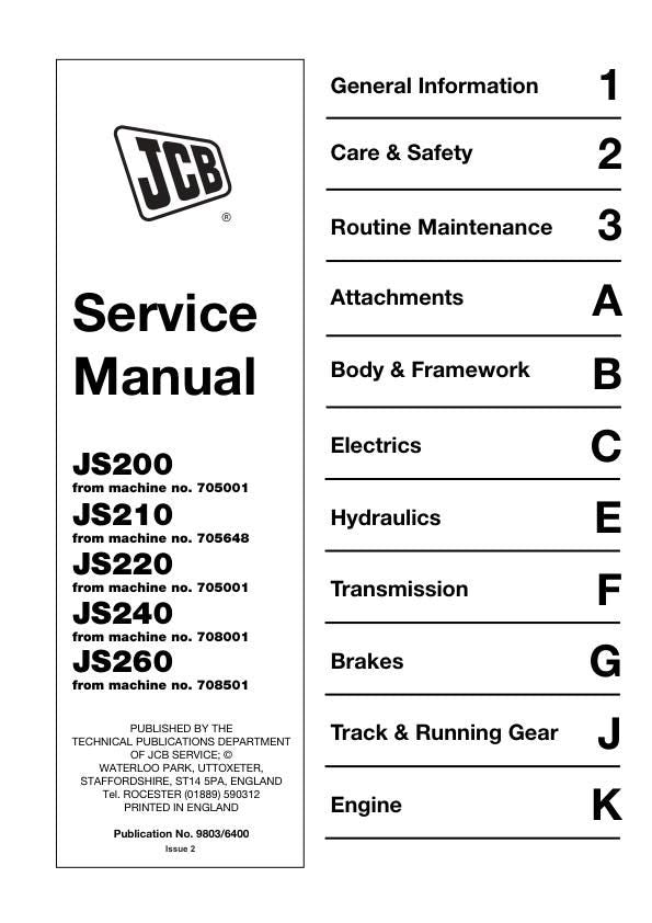 JCB JS 200 210 220 240 260 Tracked Excavator Service Manual factory service manual title page