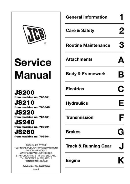 JCB JS 200 210 220 240 260 Tracked Excavator Service Manual factory service manual title page