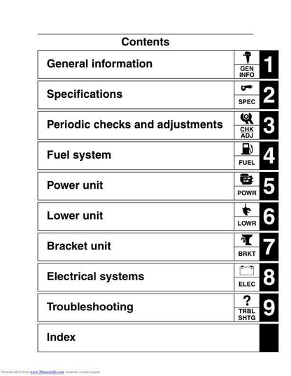 Yamaha 200C 225C Outboard Service Manual table of contents