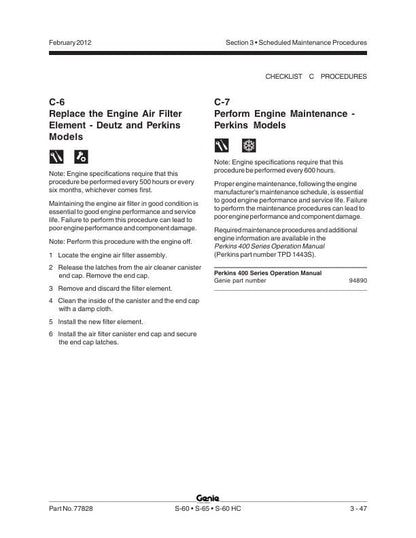 Genie S 60 55 60HC Boom Lift Service Manual sample page with service data and tables