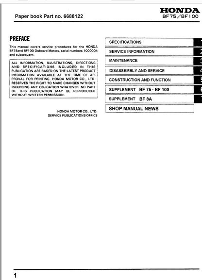 Honda BF8A Outboard Service Manual factory service manual title page