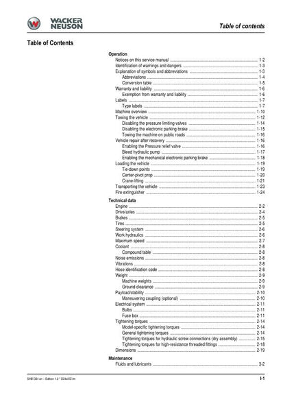 Wacker Neuson DDV60 DV90 DV100 Dumper Service Manual table of contents