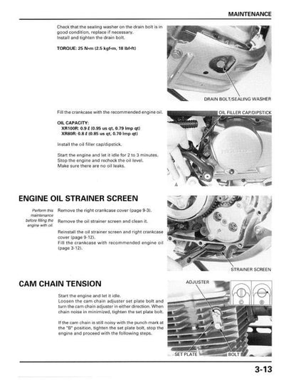 Honda XR80R XR100R Motorcycle Service Manual sample page with diagrams and specifications
