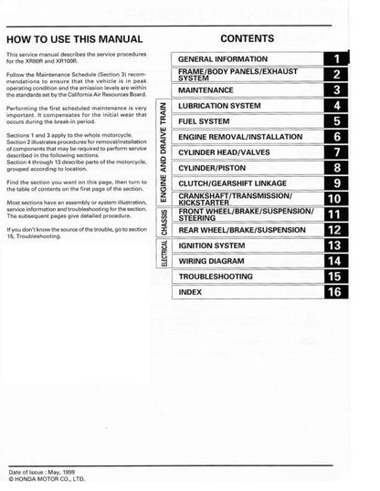 Honda XR80R XR100R Motorcycle Service Manual table of contents