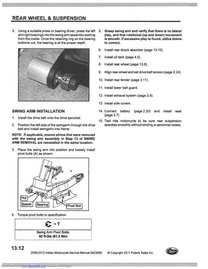 Indian Chief Classic Bomber Roadmaster Motorcycle Service Manual sample page with technical illustrations