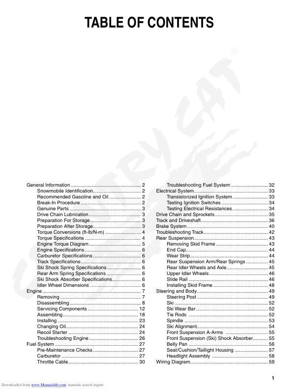 Arctic ZR 120 Kitty Cat Snowmobile Service Manual table of contents