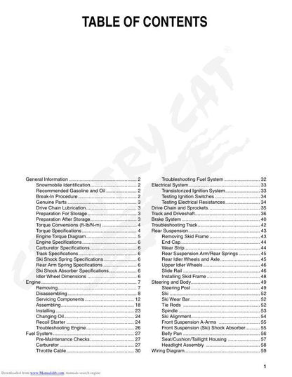 Arctic ZR 120 Kitty Cat Snowmobile Service Manual table of contents