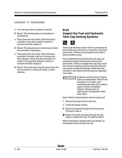 Genie S80 S85 Telescopic Boom Lift Service Manual sample page showing repair procedures