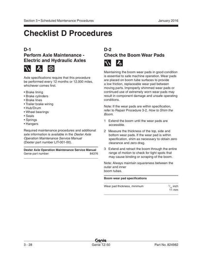 Genie TZ 50 Towable Aerial Lift Service Manual sample page with diagrams and specifications
