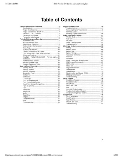 Arctic Cat Prowler 500 UTV Service Manual table of contents