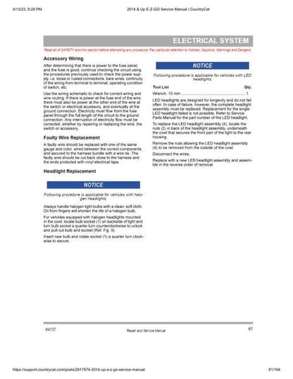 EZGO Terrain 1000 72v Golf Cart Service Manual sample page with diagrams and specifications