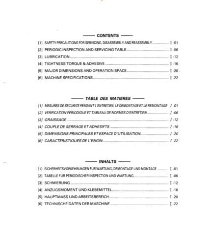 Kubota KH 36 41 51 61 66 91 101 151 Excavator Service Manual table of contents