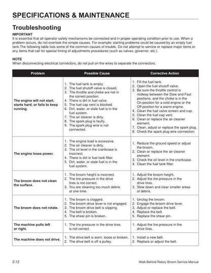 Toro 38700 23740 Walk Behind Rotary Broom Service Manual sample page with diagrams and specifications