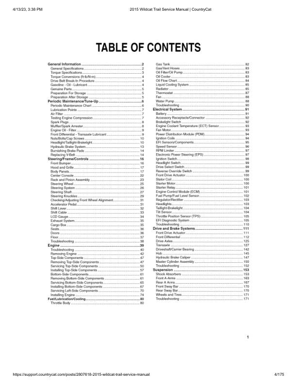Arctic Cat Wildcat Trail UTV Service Manual table of contents