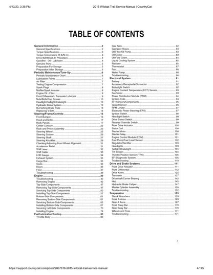Arctic Cat Wildcat Trail UTV Service Manual table of contents