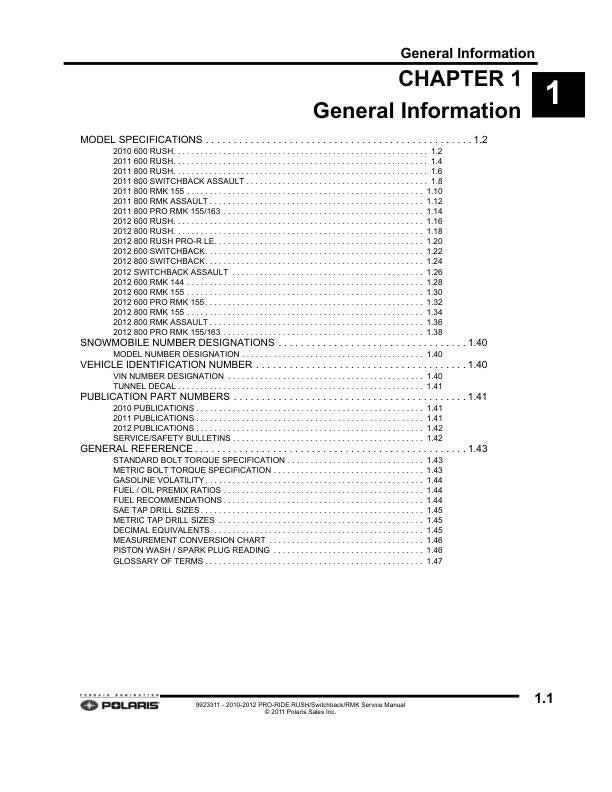 Polaris RUSH 600 800 Snowmobile Service Manual table of contents