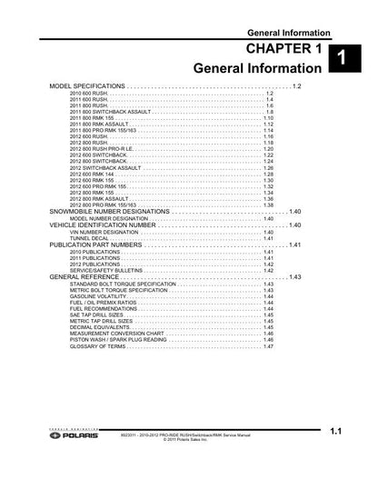 Polaris RUSH 600 800 Snowmobile Service Manual table of contents