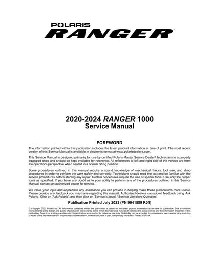 Polaris Ranger 1000 UTV Service Manual factory service manual title page