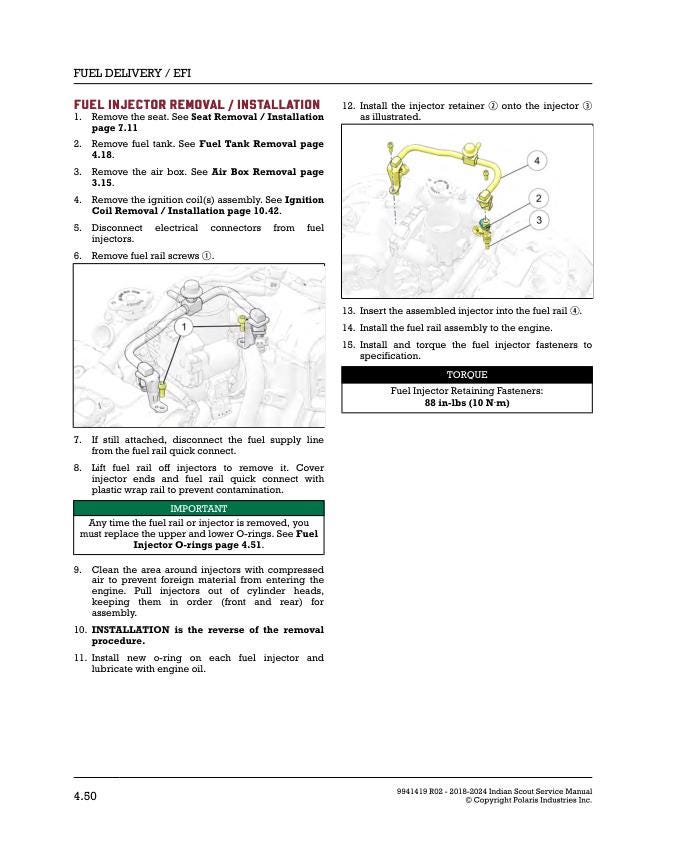 Indian Scout Bobber Rogue Motorcycle Service Manual sample page with technical illustrations