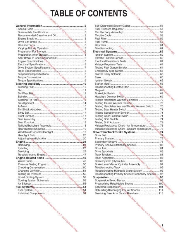 Yamaha SR Viper Snowmobile Service Manual table of contents