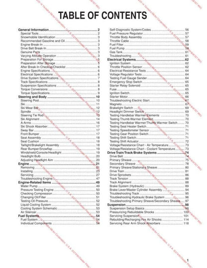 Yamaha SR Viper Snowmobile Service Manual table of contents