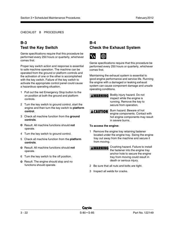 Genie S80 S85 Telescopic Boom Lift Service Manual sample page with diagrams and specifications