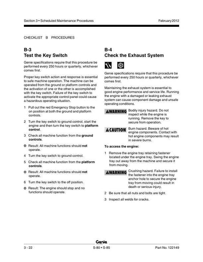 Genie S80 S85 Telescopic Boom Lift Service Manual sample page with diagrams and specifications