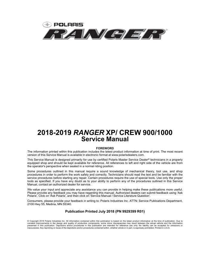Polaris Ranger 900 1000 XP Crew UTV Service Manual factory service manual title page